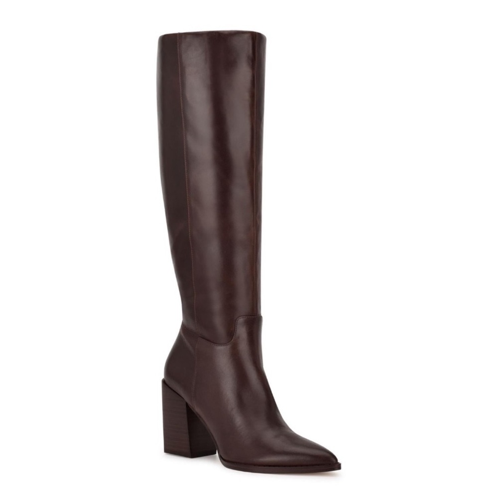 Brown Knee-High Leather Block Herl Boots